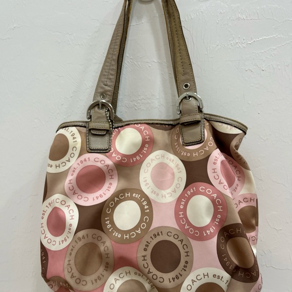 Coach Handbags - Coach Pink and Brown Circle Pattern Shoulder Bag